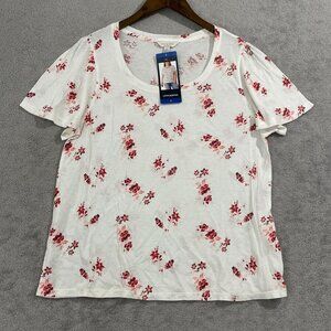 NEW Lucky Brand Womens L Floral Print T-Shirt White & Red Cotton/Modal